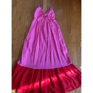 Tabitha Brown Dress Small Colorblock Pink Red Tie Front Midi Elastic Linen Blend